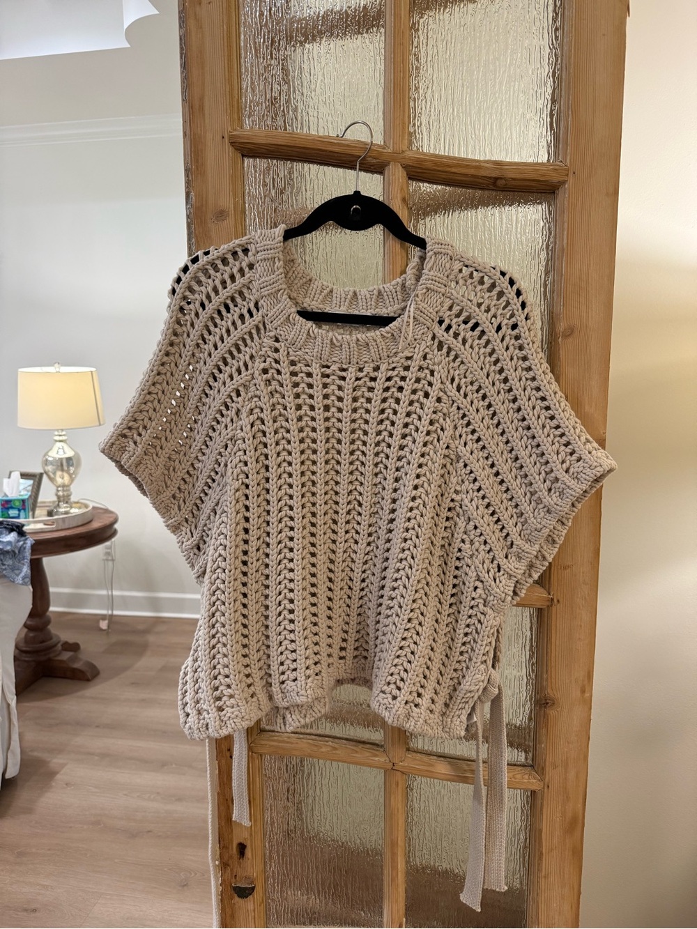 Zara Chunky Crochet Short-Sleeve Sweater Top - Beige